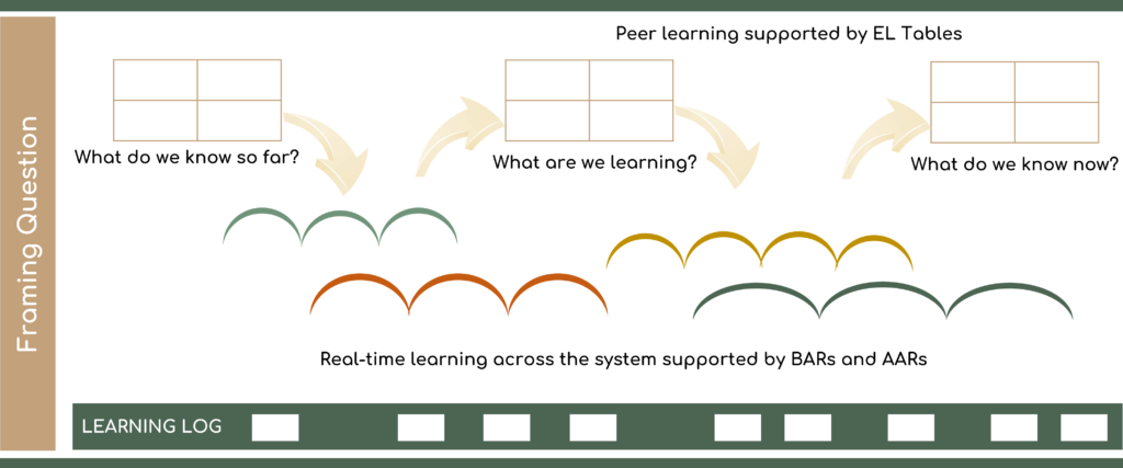 Flowchart showing framing questions and a learning log